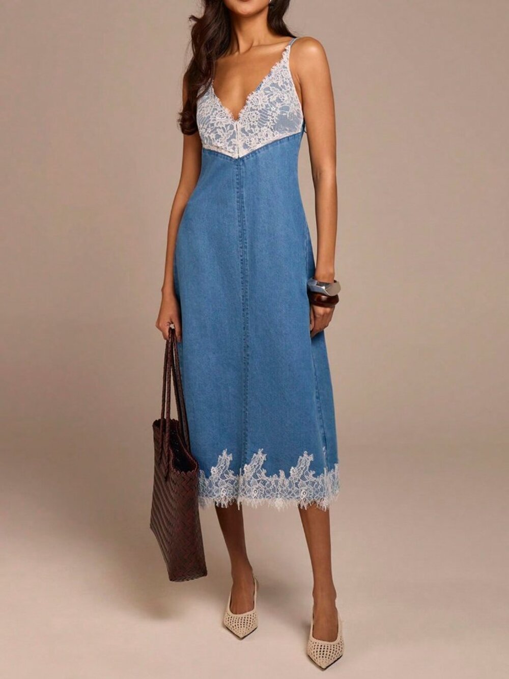 Blue Casual Women's lace detailed Denim midi Dress
